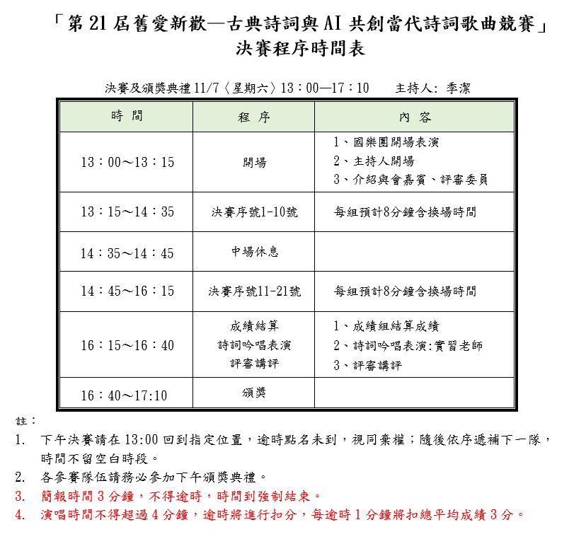 決賽時程及頒獎典禮